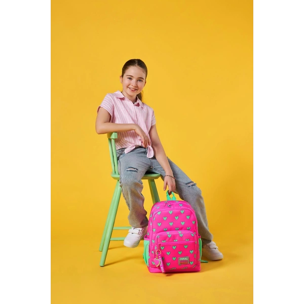 Coral High Kids Neon Pembe Su Yeşili Kalp Desenli Dört Bölmeli Okul Sırt Çantası 23113