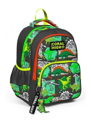 Coral High Kids Gri Yeşil Dinozor Desenli Üç Bölmeli Okul Sırt Çantası 14419