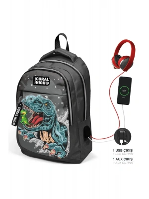 Coral High Kids Koyu Gri Siyah Dinozor Desenli Üç Bölmeli USBli Okul Sırt Çantası 23420