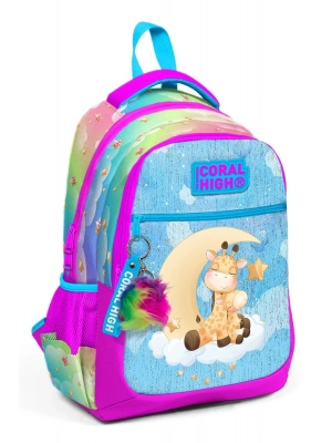 Coral High Kids Mavi Pembe Zürafa Desenli Üç Bölmeli Okul Sırt Çantası 23479