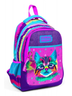 Coral High Kıds Mor Pembe Kedi Desenli Üç Bölmeli Okul Sırt Çantası 23477