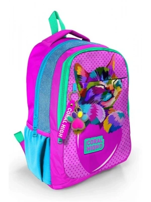 Coral High Kids Pembe Mavi Simli Kedi Desenli Üç Bölmeli Okul Sırt Çantası 14387