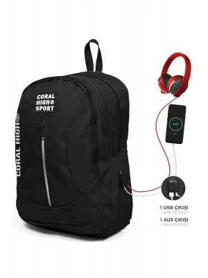 Coral High Sport Siyah Dört Bölmeli USB Şarjlı Kulaklık Çıkışlı Sırt Çantası 23226