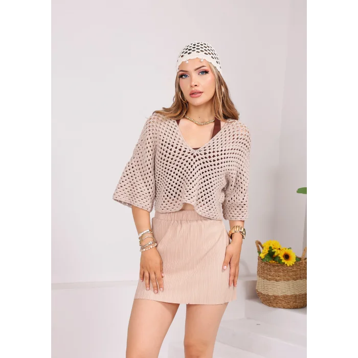 V Yaka Yarım Kollu File Örgü Crop Bluz