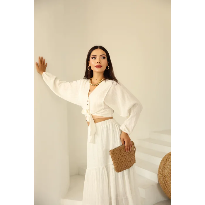 Bağlamalı Bürümcük Etek Takım Ekru