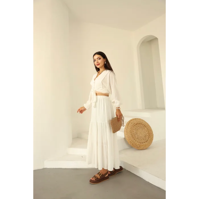 Bağlamalı Bürümcük Etek Takım Ekru
