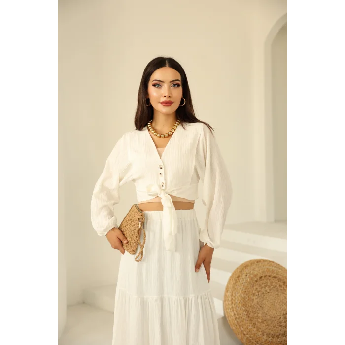 Bağlamalı Bürümcük Etek Takım Ekru