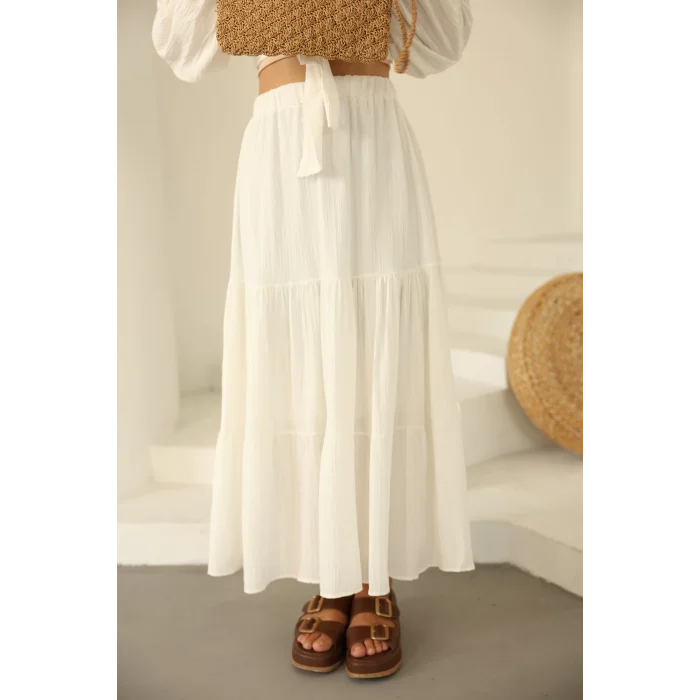 Bağlamalı Bürümcük Etek Takım Ekru