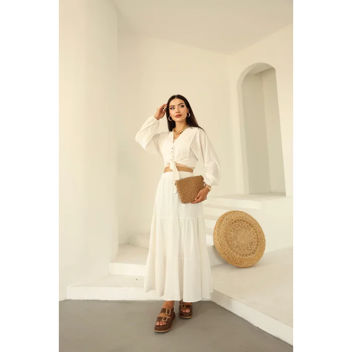 Bağlamalı Bürümcük Etek Takım Ekru