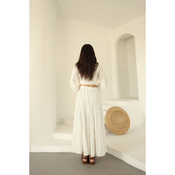 Bağlamalı Bürümcük Etek Takım Ekru