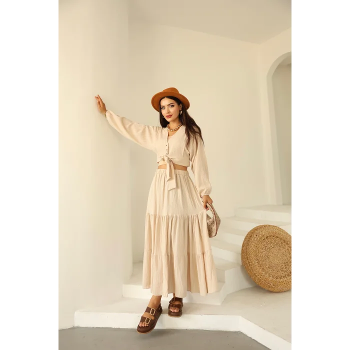 Bağlamalı Bürümcük Etek Takım Krem