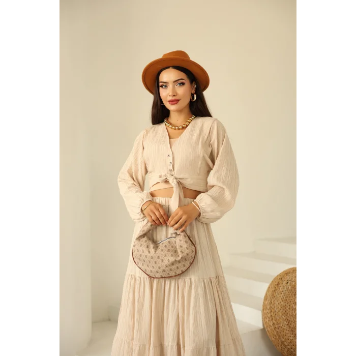 Bağlamalı Bürümcük Etek Takım Krem