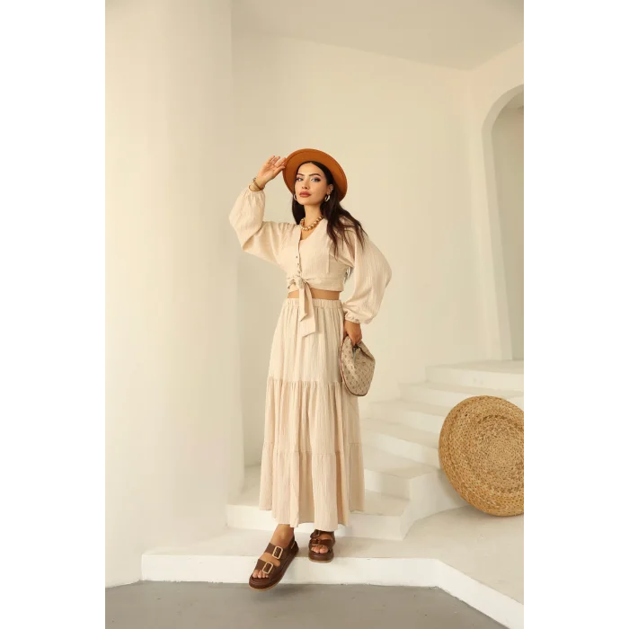 Bağlamalı Bürümcük Etek Takım Krem