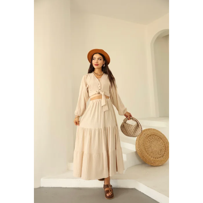 Bağlamalı Bürümcük Etek Takım Krem