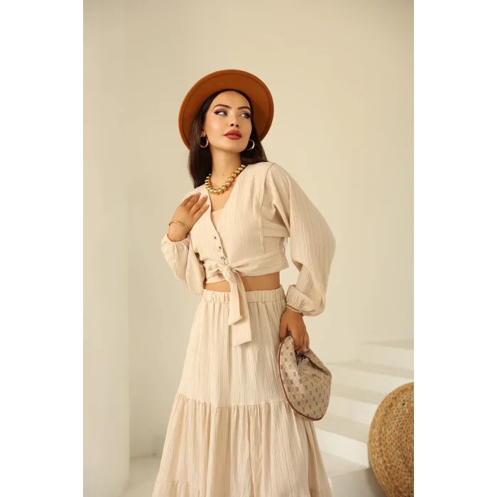 Bağlamalı Bürümcük Etek Takım Krem