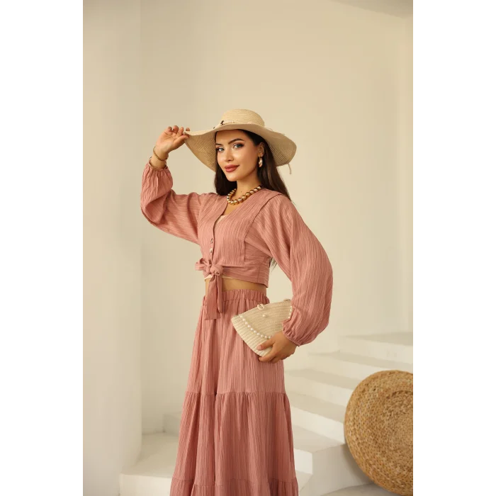 Bağlamalı Bürümcük Etek Takım Pembe