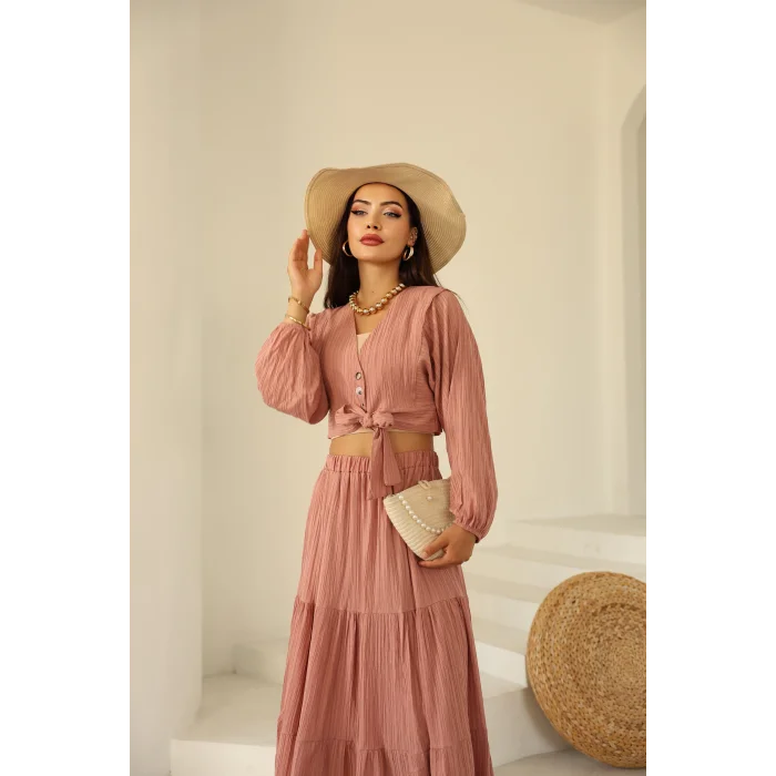 Bağlamalı Bürümcük Etek Takım Pembe