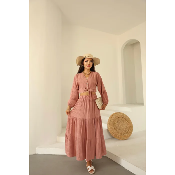 Bağlamalı Bürümcük Etek Takım Pembe