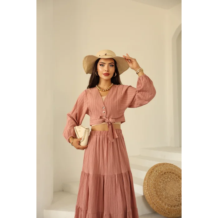 Bağlamalı Bürümcük Etek Takım Pembe