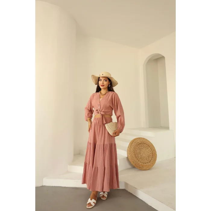 Bağlamalı Bürümcük Etek Takım Pembe