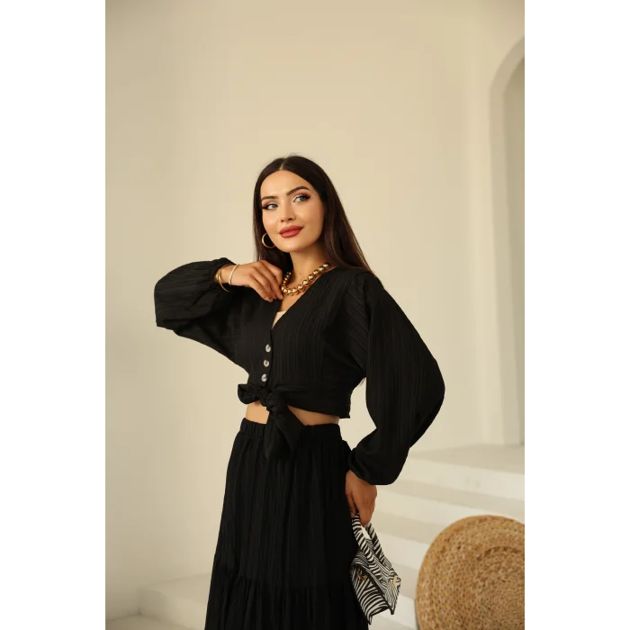 Bağlamalı Bürümcük Etek Takım Siyah