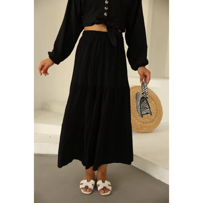 Bağlamalı Bürümcük Etek Takım Siyah