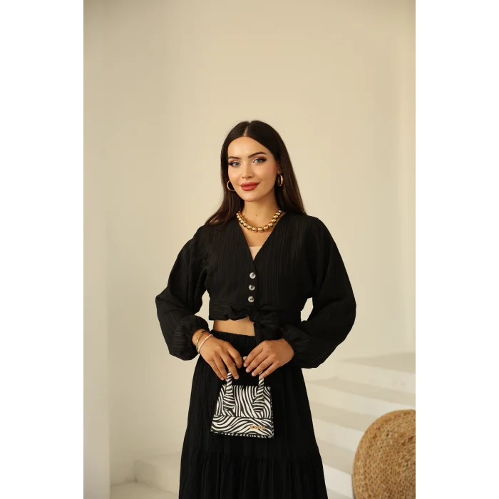 Bağlamalı Bürümcük Etek Takım Siyah