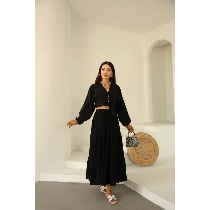 Bağlamalı Bürümcük Etek Takım Siyah