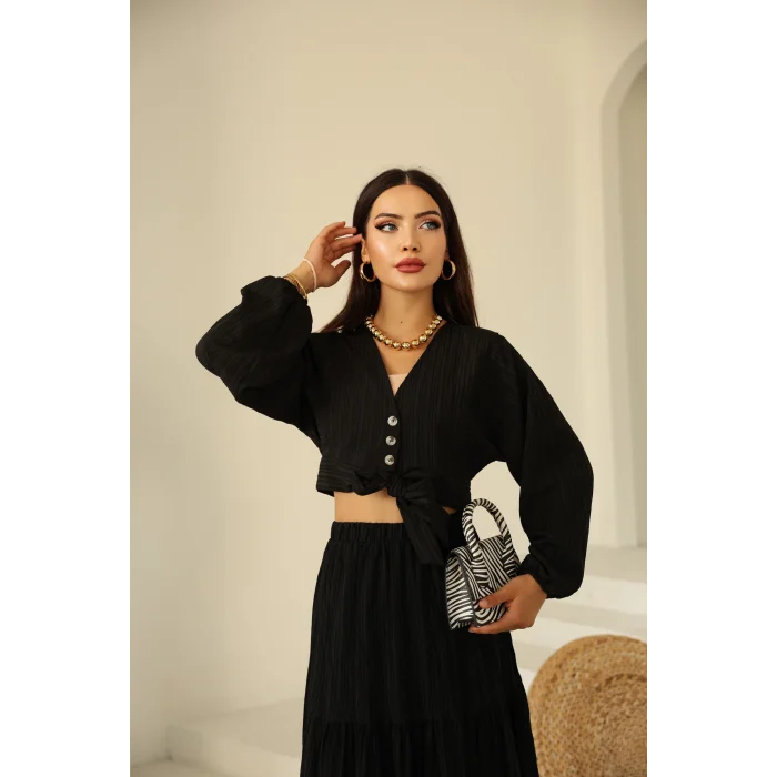 Bağlamalı Bürümcük Etek Takım Siyah