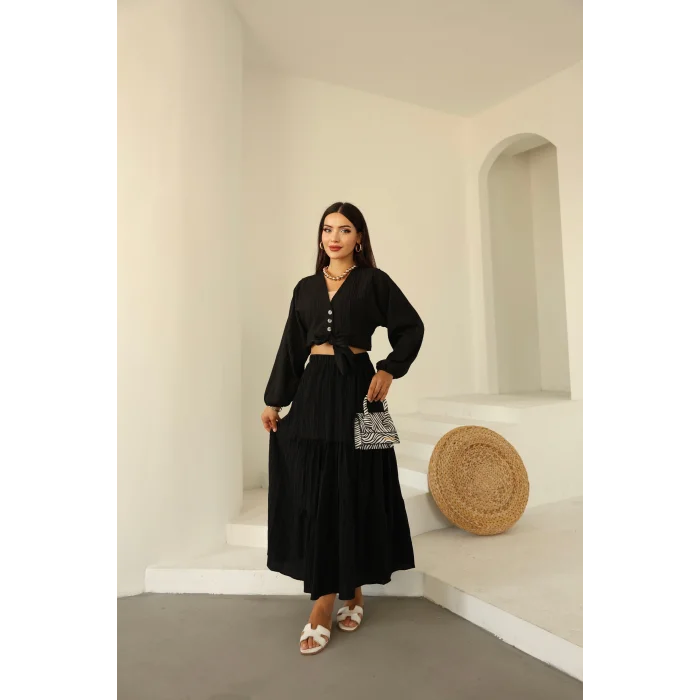 Bağlamalı Bürümcük Etek Takım Siyah