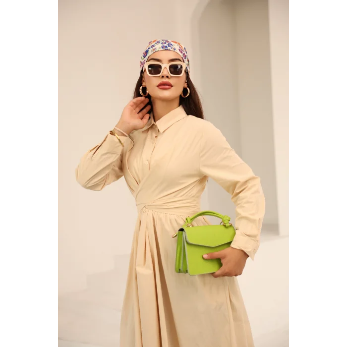 Belden Bağlamalı Dakron Elbise Krem