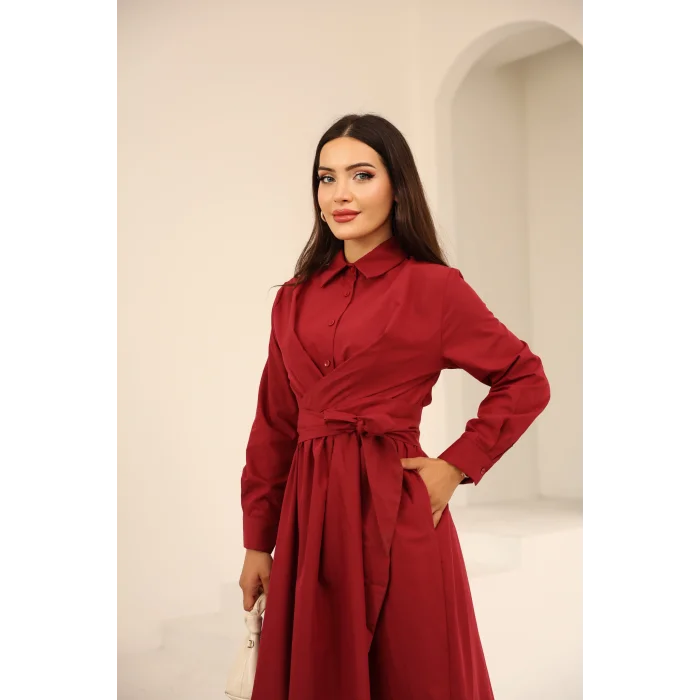 Belden Bağlamalı Dakron Elbise Bordo