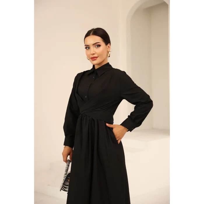 Belden Bağlamalı Dakron Elbise Siyah