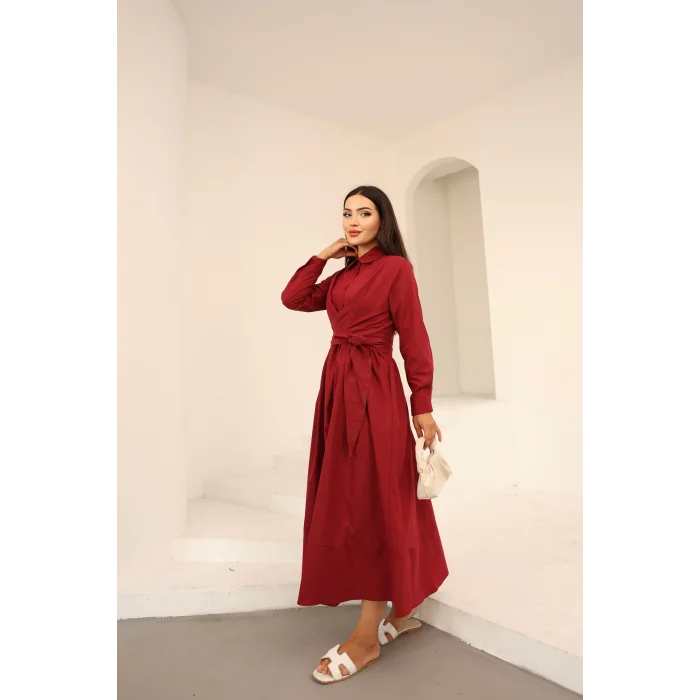 Belden Bağlamalı Dakron Elbise Bordo