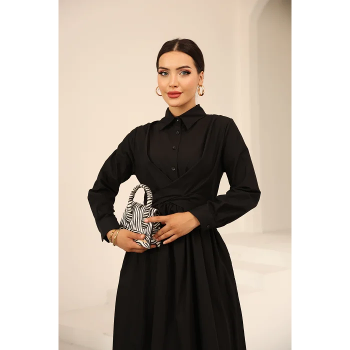 Belden Bağlamalı Dakron Elbise Siyah