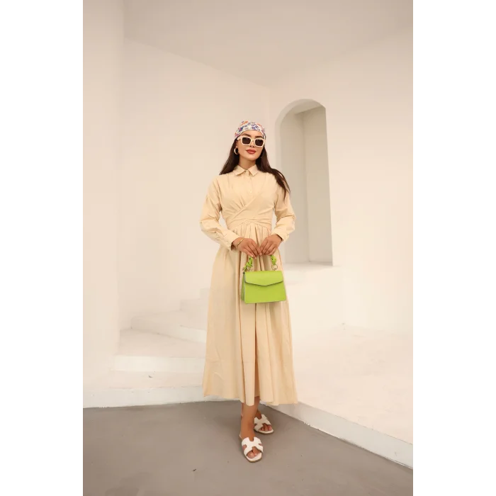 Belden Bağlamalı Dakron Elbise Krem