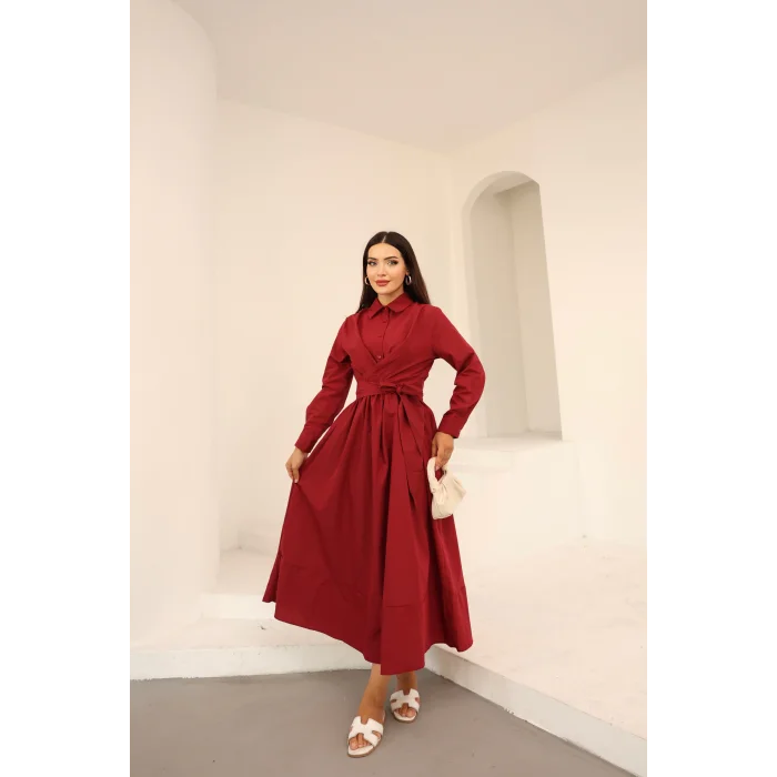 Belden Bağlamalı Dakron Elbise Bordo
