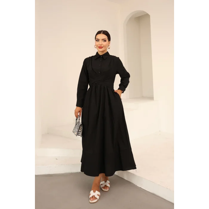 Belden Bağlamalı Dakron Elbise Siyah