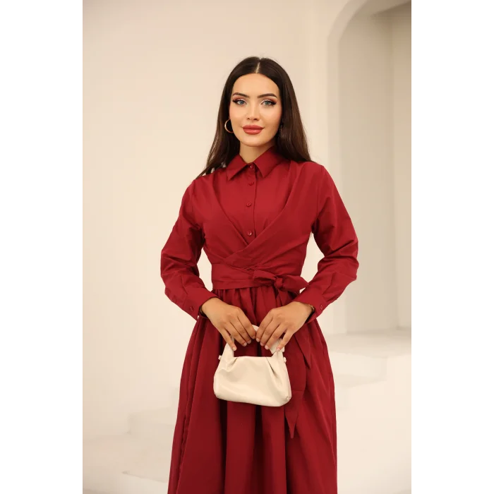Belden Bağlamalı Dakron Elbise Bordo