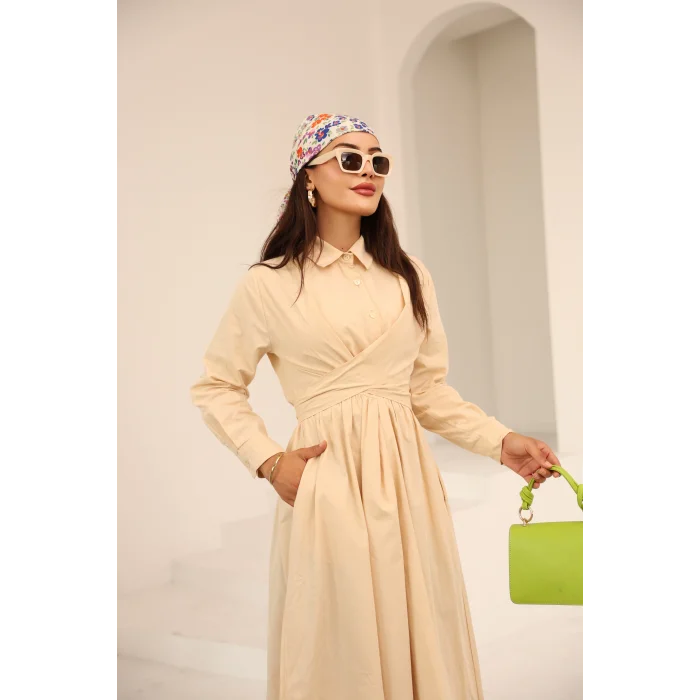 Belden Bağlamalı Dakron Elbise Krem