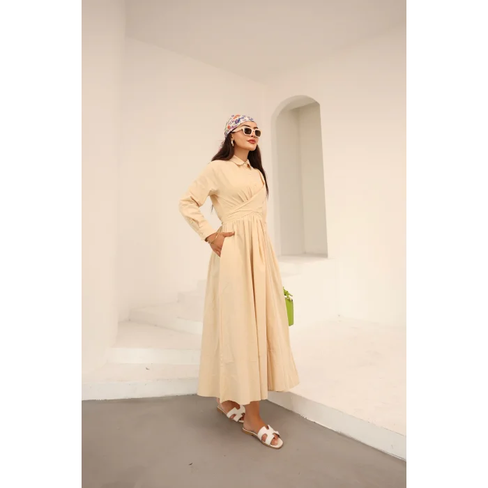 Belden Bağlamalı Dakron Elbise Krem