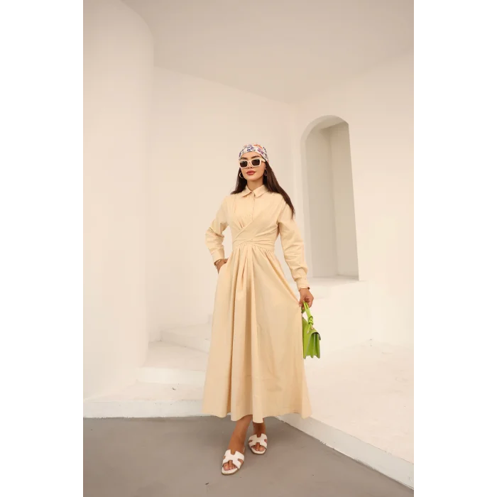 Belden Bağlamalı Dakron Elbise Krem