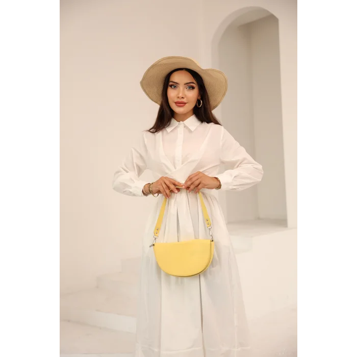 Belden Bağlamalı Dakron Elbise Ekru