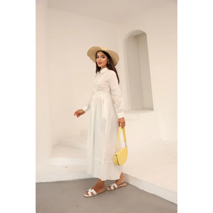 Belden Bağlamalı Dakron Elbise Ekru