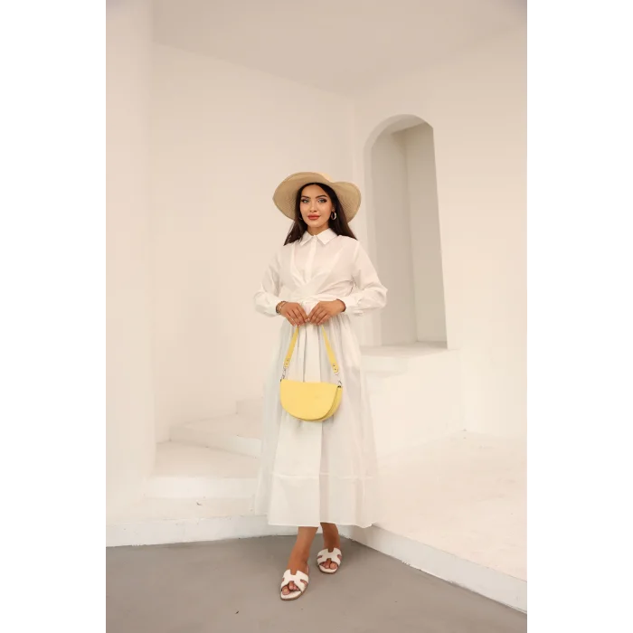 Belden Bağlamalı Dakron Elbise Ekru