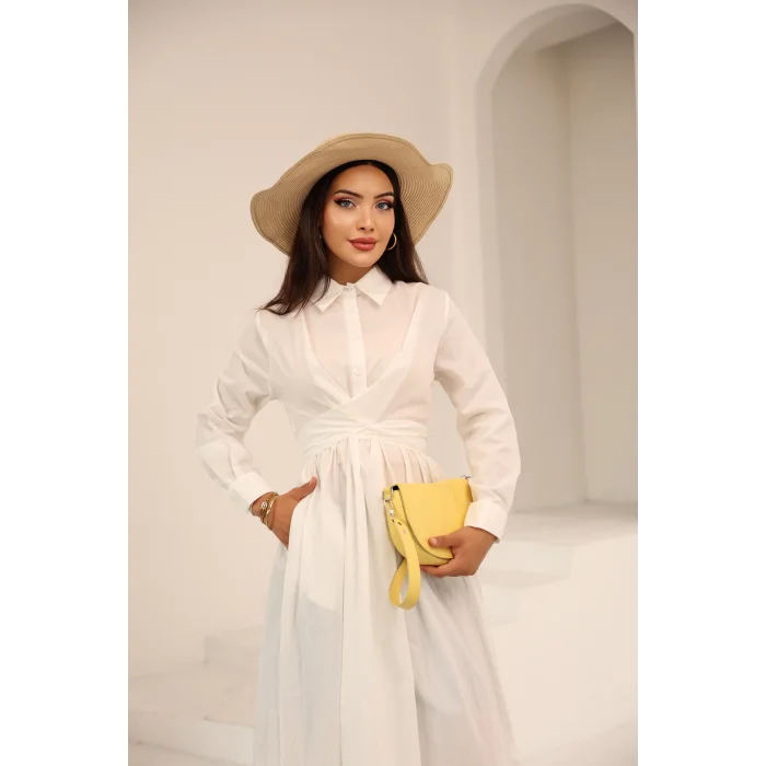 Belden Bağlamalı Dakron Elbise Ekru