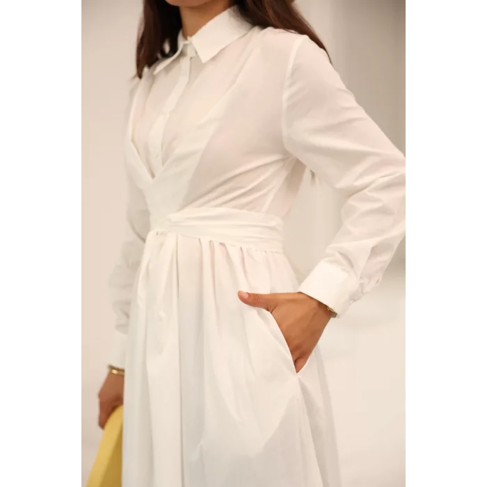 Belden Bağlamalı Dakron Elbise Ekru
