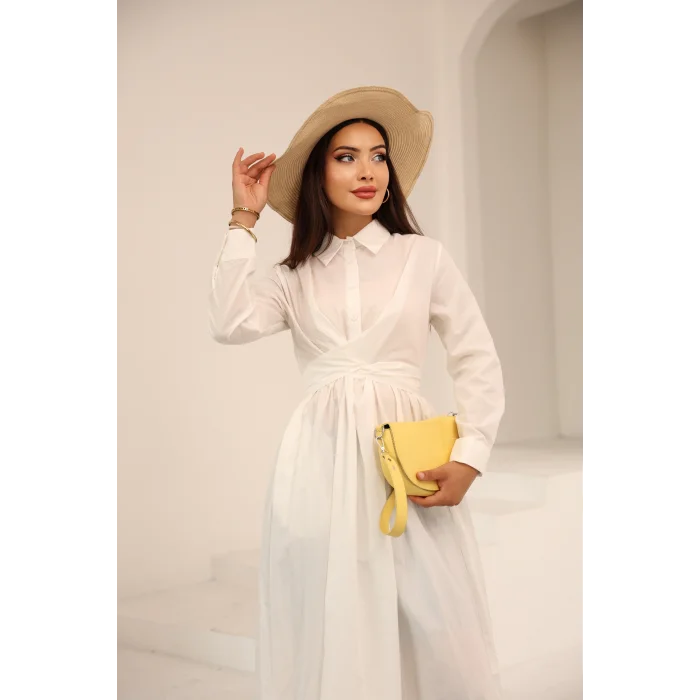 Belden Bağlamalı Dakron Elbise Ekru