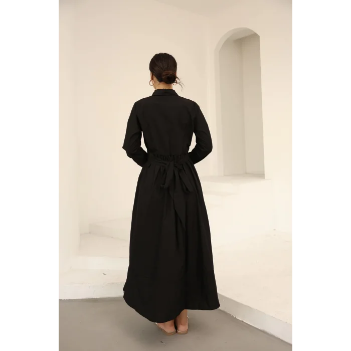 Belden Bağlamalı Dakron Elbise Siyah