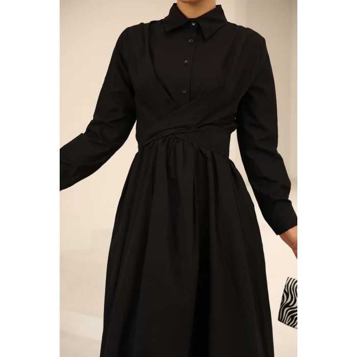 Belden Bağlamalı Dakron Elbise Siyah